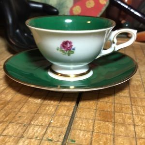 Wunsiedel Bavaria Porzellan 9 Cup Saucer Set Mix Floral Green Border Gold Trim